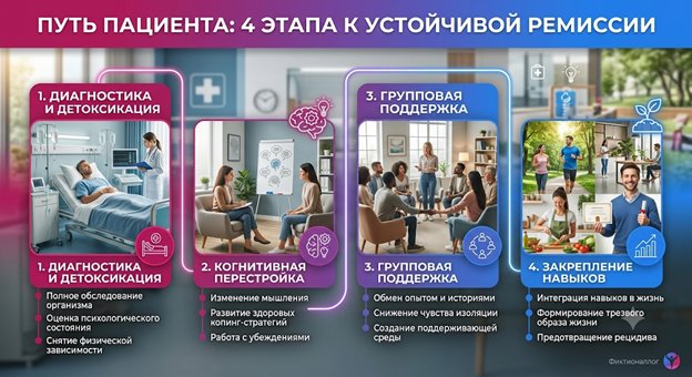 Инфографика: путь пациента — 4 этапа к устойчивой ремиссии Инфографика «Путь пациента: 4 этапа к устойчивой ремиссии»: диагностика и детоксикация, когнитивная перестройка, групповая поддержка и закрепление навыков.